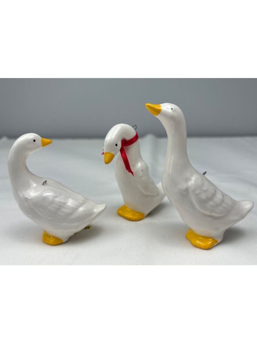 Set 3 Ceramic Goose Figurines White & Yellow Vintage Duck Decor 3" Tall